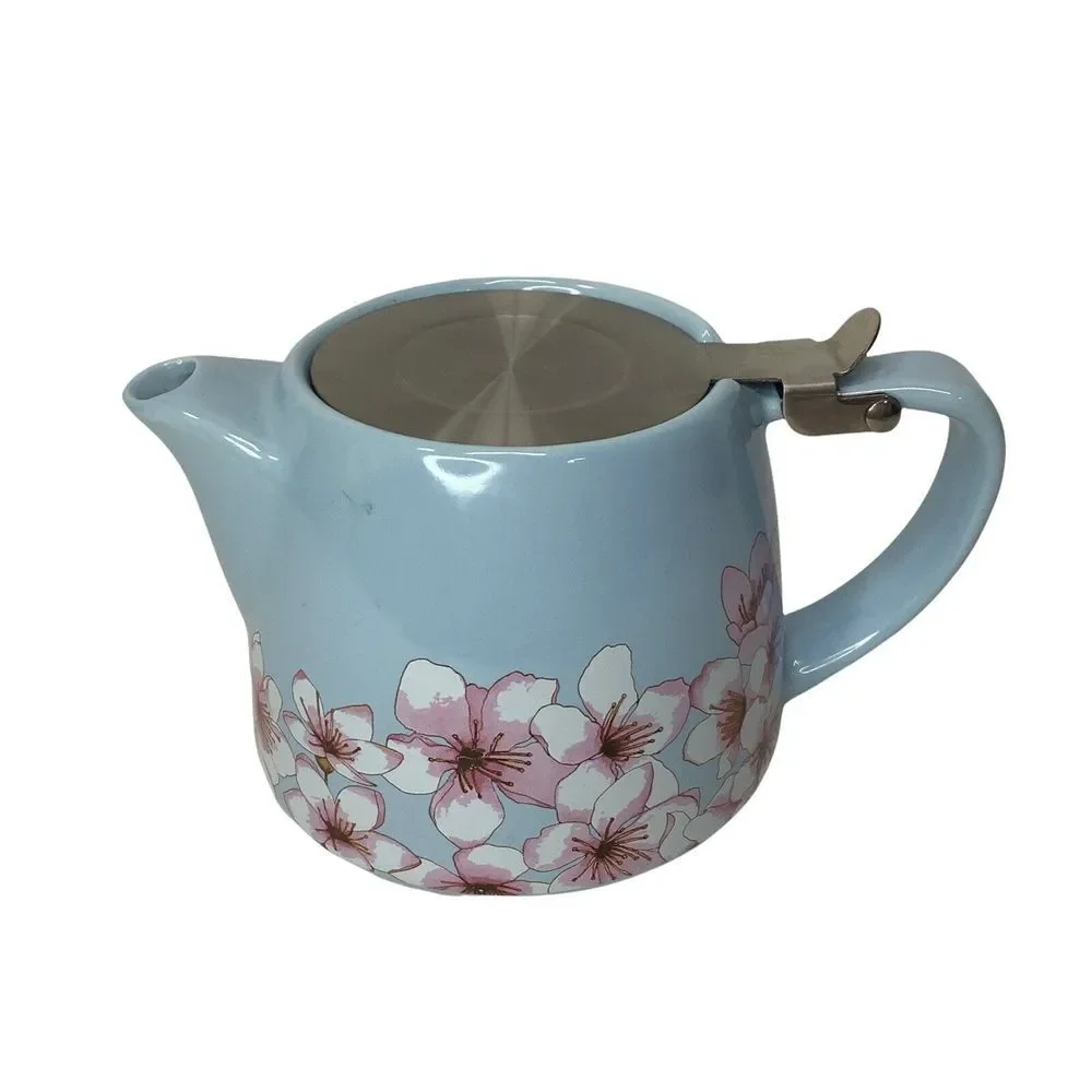 Alfred Ceramic‎ and Stainless Steel Teapot 20 oz Blue Pink Floral Cherry Blossom